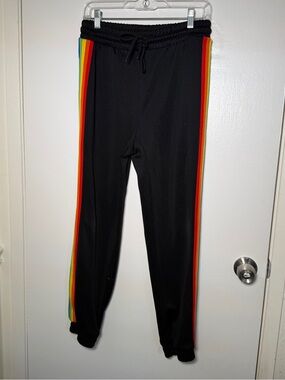 Unisex Black Track Jogger Pants with Rainbow Side Stripes Medium